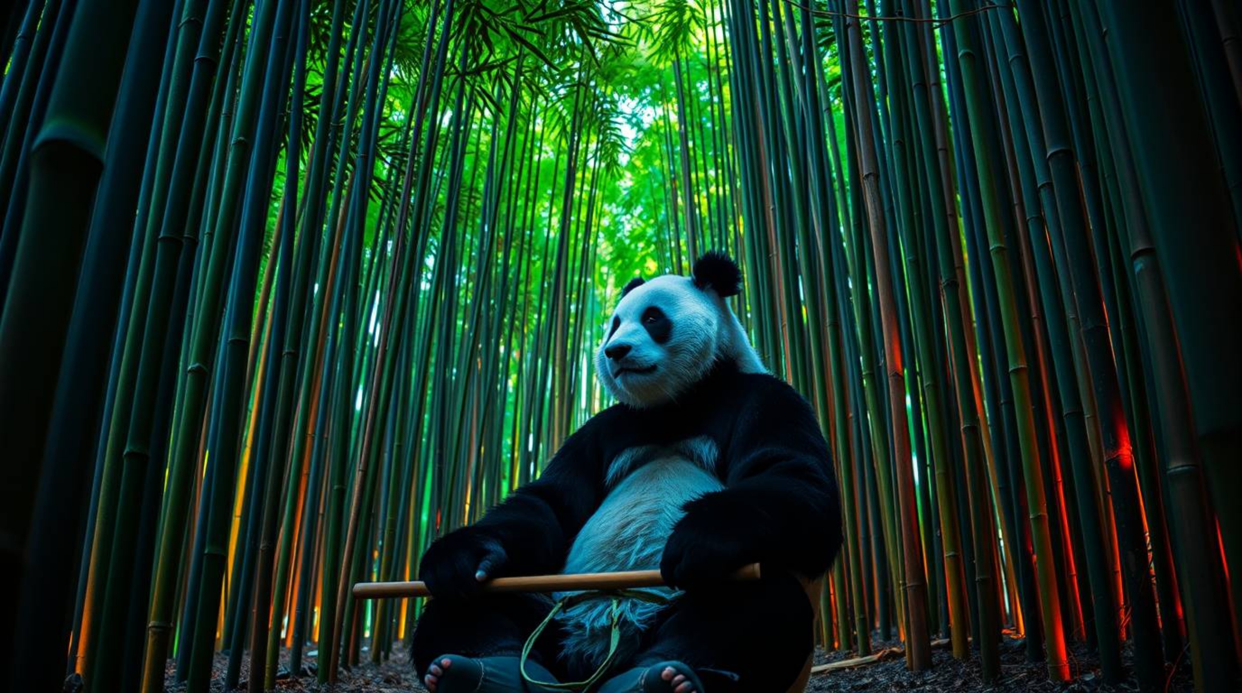 A captivating image showcasing a martial artist panda in deep meditation within a serene bamboo forest.  The photograph featu