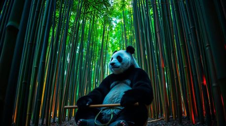 A captivating image showcasing a martial artist panda in deep meditation within a serene bamboo forest.  The photograph featu
