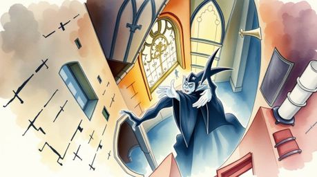 This delicate watercolor painting depicts a classic Disney villain casting a spell within the ancient walls of an old castle.