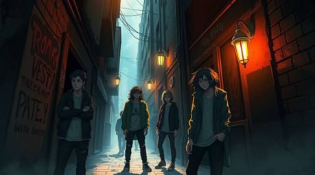 A dramatic, high-contrast illustration depicts a grungy city alley teeming with rebellious teens. Intense lighting and a ligh