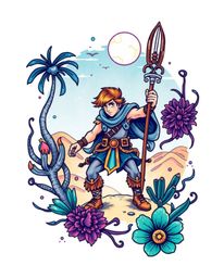 This vibrant tattoo art print depicts a brave hero embarking on a Disney-style desert adventure. The design features complex
