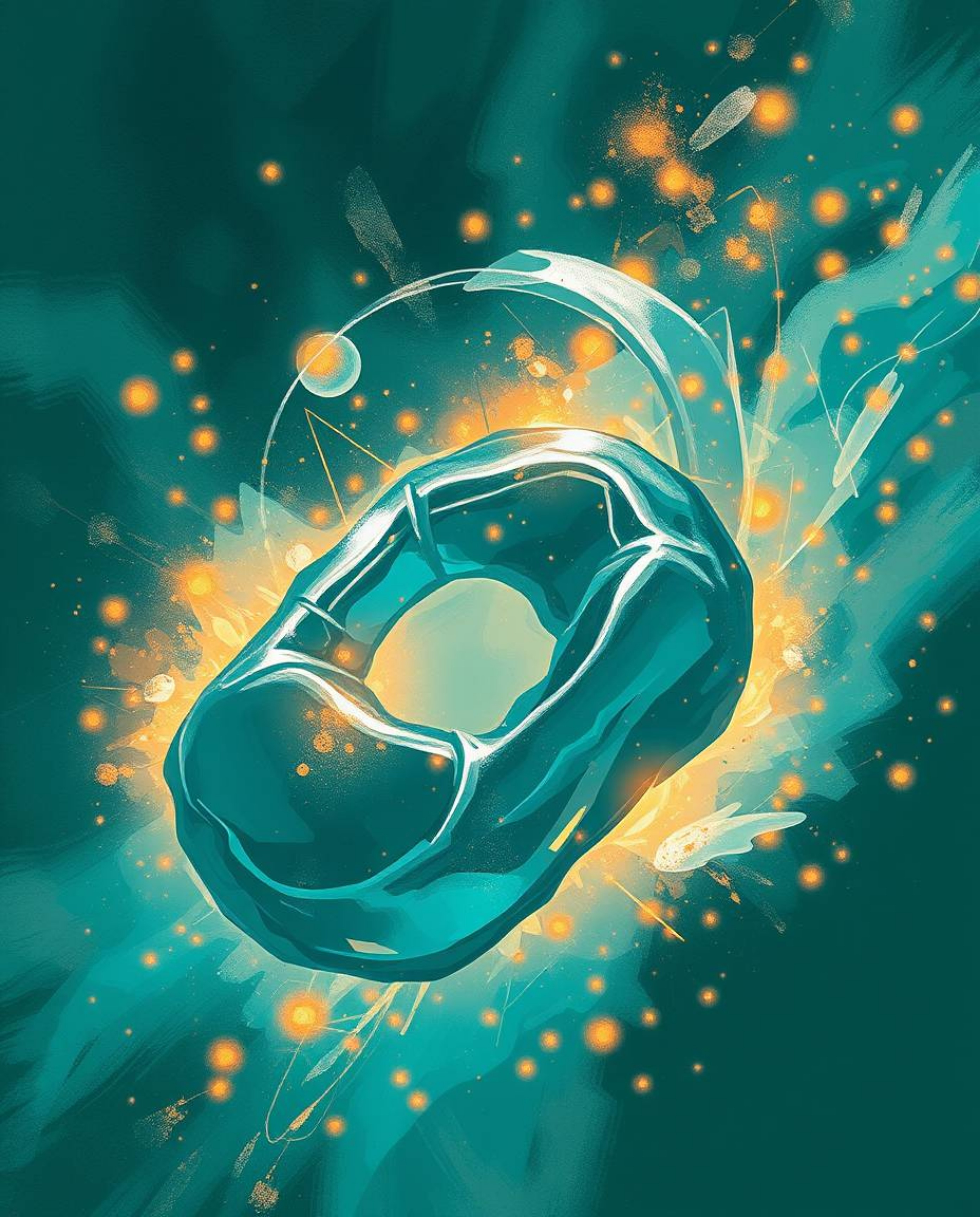 A vibrant and luxurious digital sketch depicts glassy, fluid 3D shapes in dynamic motion, surrounded by glowing particles.  T