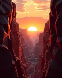 An intricate origami-style artwork presents an epic scene of a sunset illuminating sandstone cliffs in a canyon. This piece i