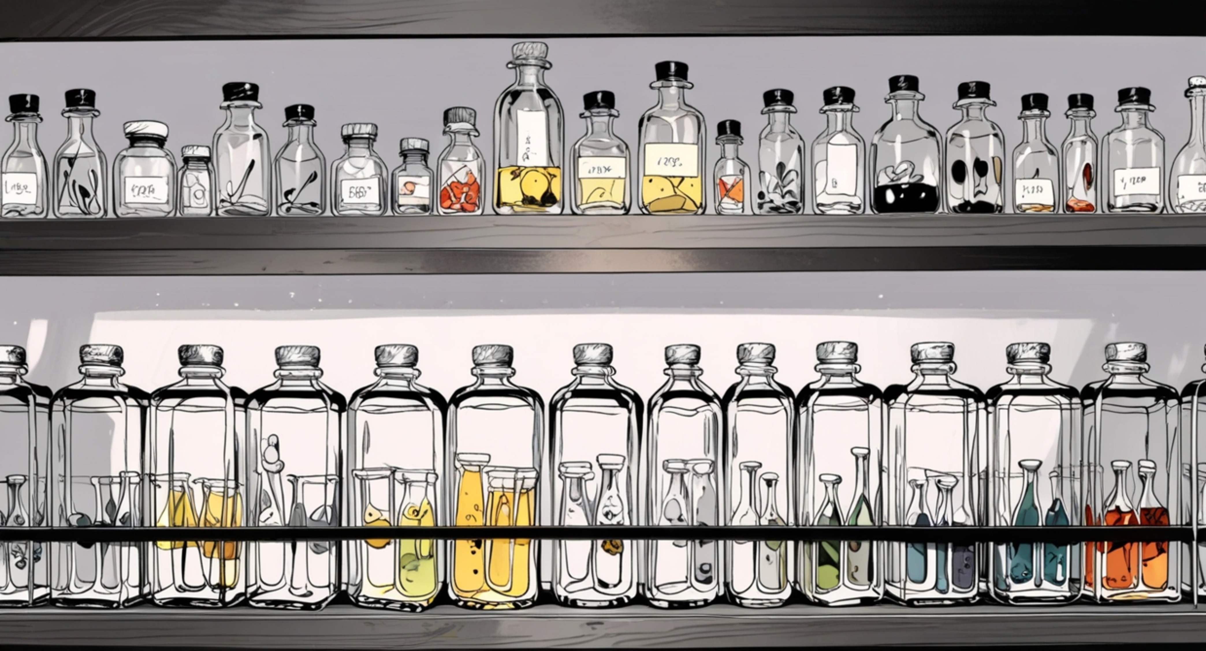 A curated collection of glass bottles filled with various culinary oils, neatly arranged on a kitchen shelf. This setup offe