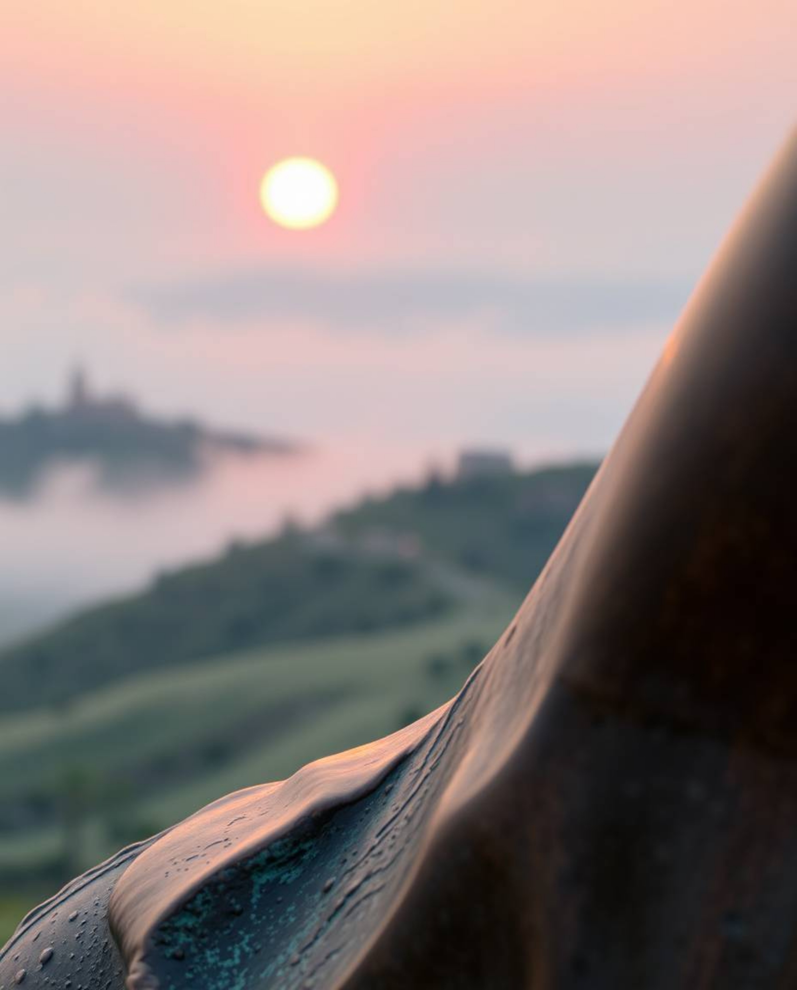 Close-up shot of a cast bronze sculpture depicting a sunset over misty Tuscan hills. Antique patina finish, detailed focus. R