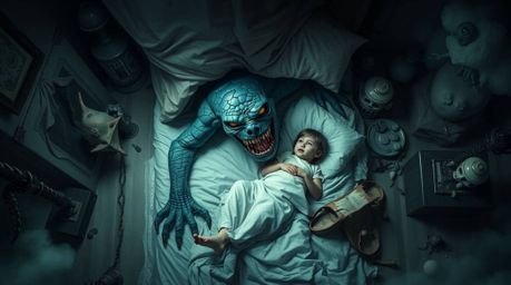 Explore a dreamlike surreal scene of a monster under the bed forming an unlikely friendship with a child. This fantastical an