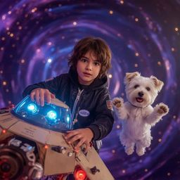 Exquisite high-fashion photography in a Pixar style depicts a boy with curious eyes, smooth skin, and messy brown hair, weari