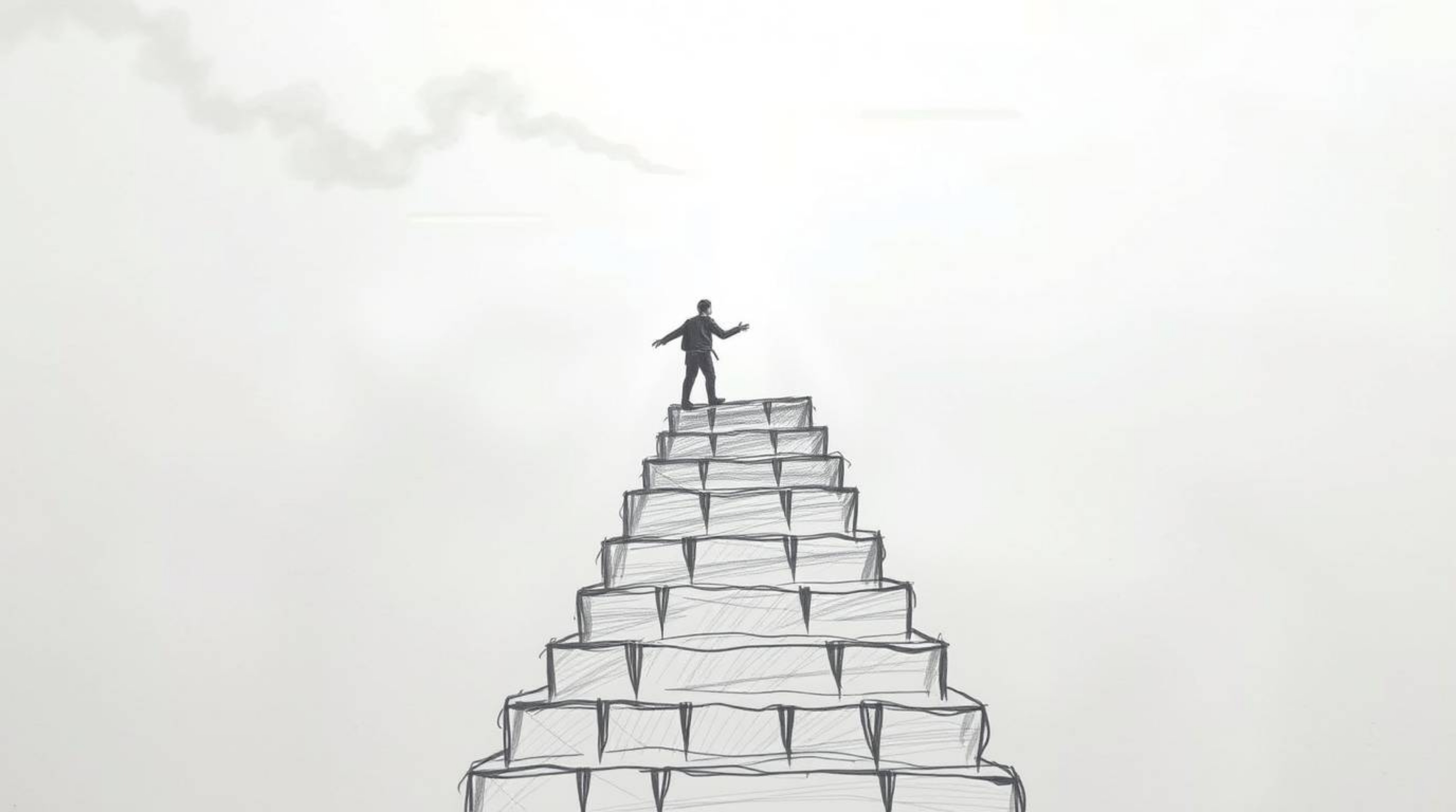 A hand-drawn sketch depicting a lone figure ascending a stone staircase towards a divine beam of light, set against a backdro