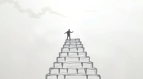 A hand-drawn sketch depicting a lone figure ascending a stone staircase towards a divine beam of light, set against a backdro