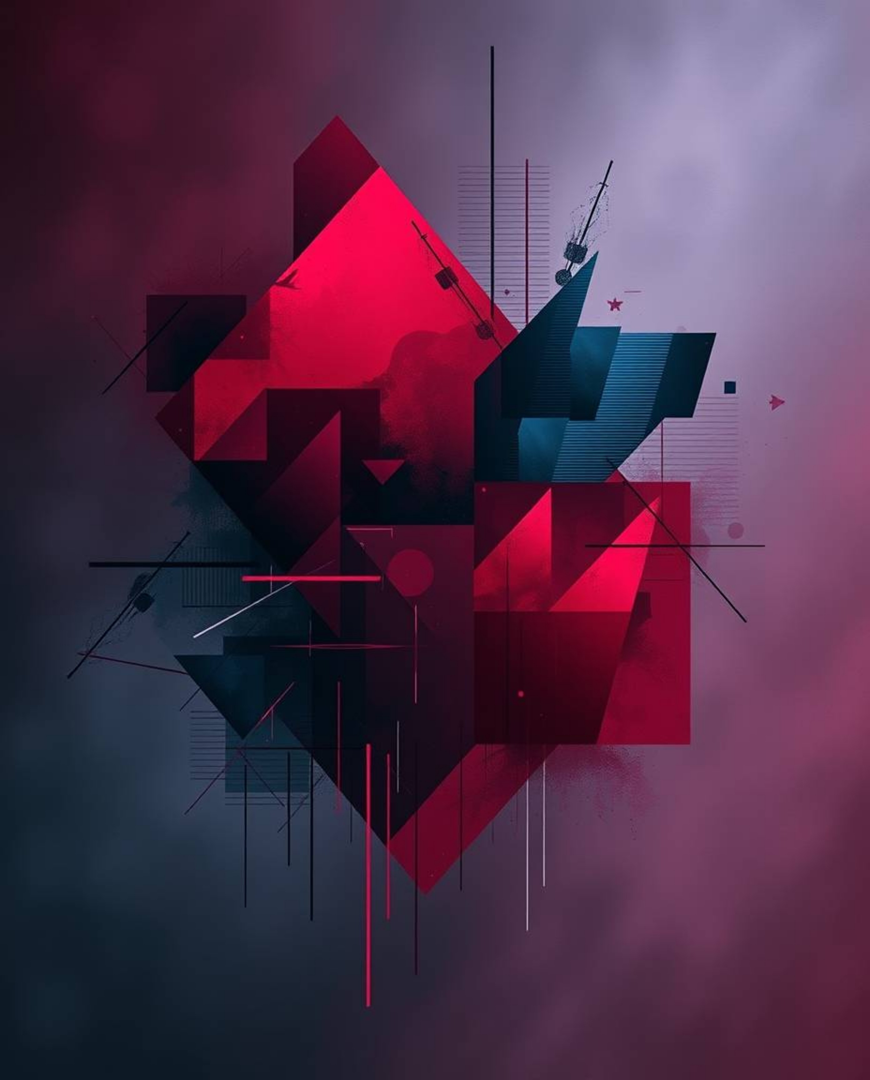 This sophisticated digital painting features elegant abstract shapes with captivating glitch effects, fragmentation, and prom