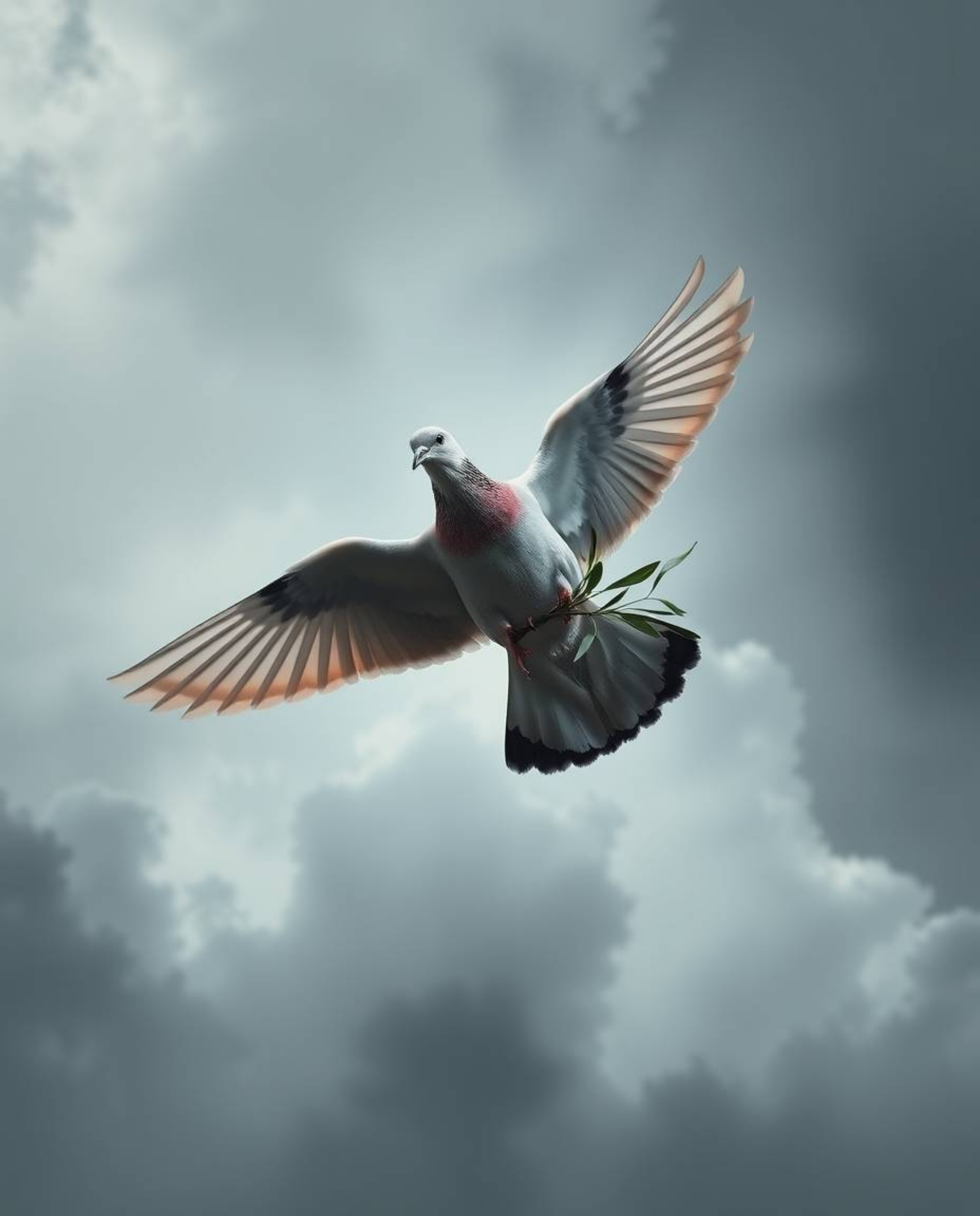This illustration depicts a dove carrying an olive branch soaring through a tumultuous sky. The cool color palette and top-do
