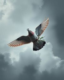 This illustration depicts a dove carrying an olive branch soaring through a tumultuous sky. The cool color palette and top-do
