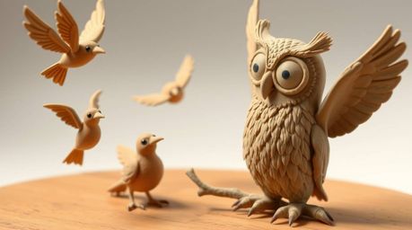 This sculptural clay artwork depicts a heartwarming scene: a blind owl, meticulously modeled with textured clay in a Pixar-es