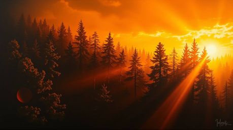 Experience the captivating beauty of a vibrant oil painting depicting a dense forest bathed in the warm glow of a golden suns