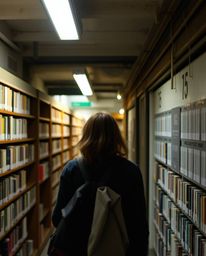 A person stumbles upon a hidden underground library in a bustling urban environment, captured in a candid street photography 