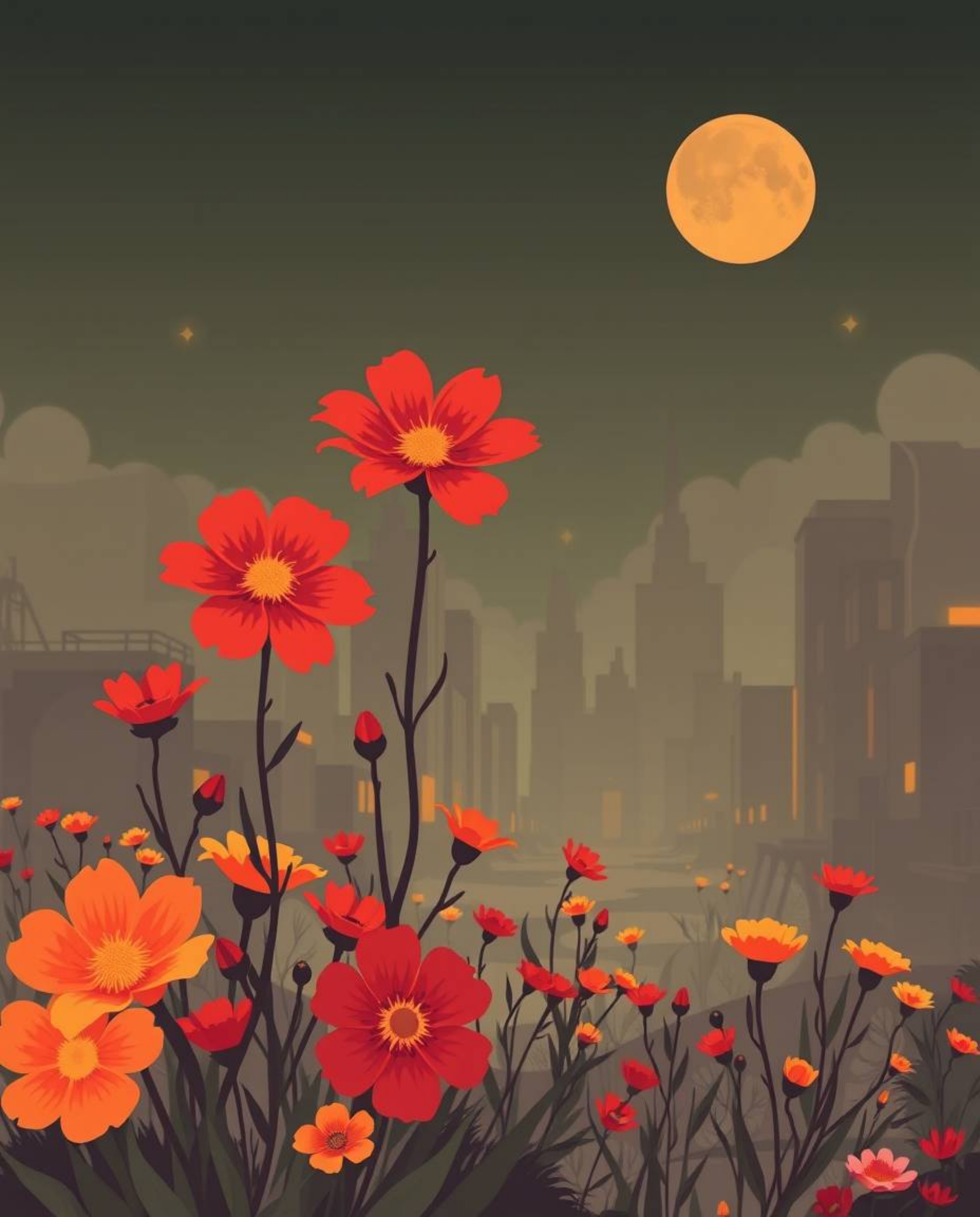 A modern flat design showcases flowers blooming defiantly in a post-apocalyptic city, radiating warmth with reds, oranges, an