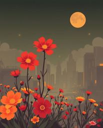 A modern flat design showcases flowers blooming defiantly in a post-apocalyptic city, radiating warmth with reds, oranges, an