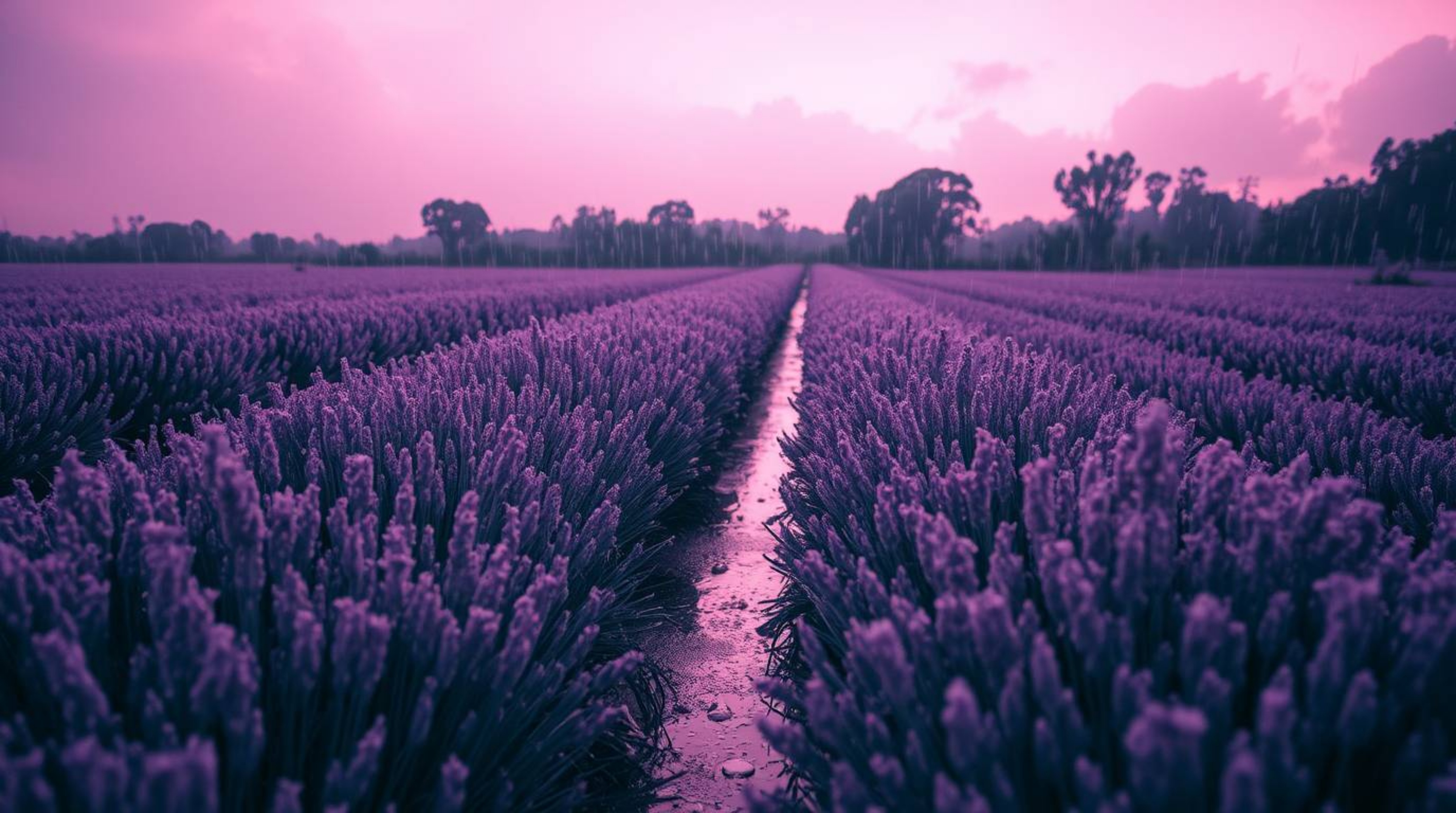Explore a surreal and captivating scene featuring a wet rainy landscape rendered in striking infrared tones.  Lavender fields