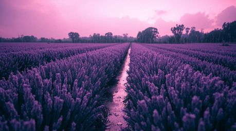 Explore a surreal and captivating scene featuring a wet rainy landscape rendered in striking infrared tones.  Lavender fields