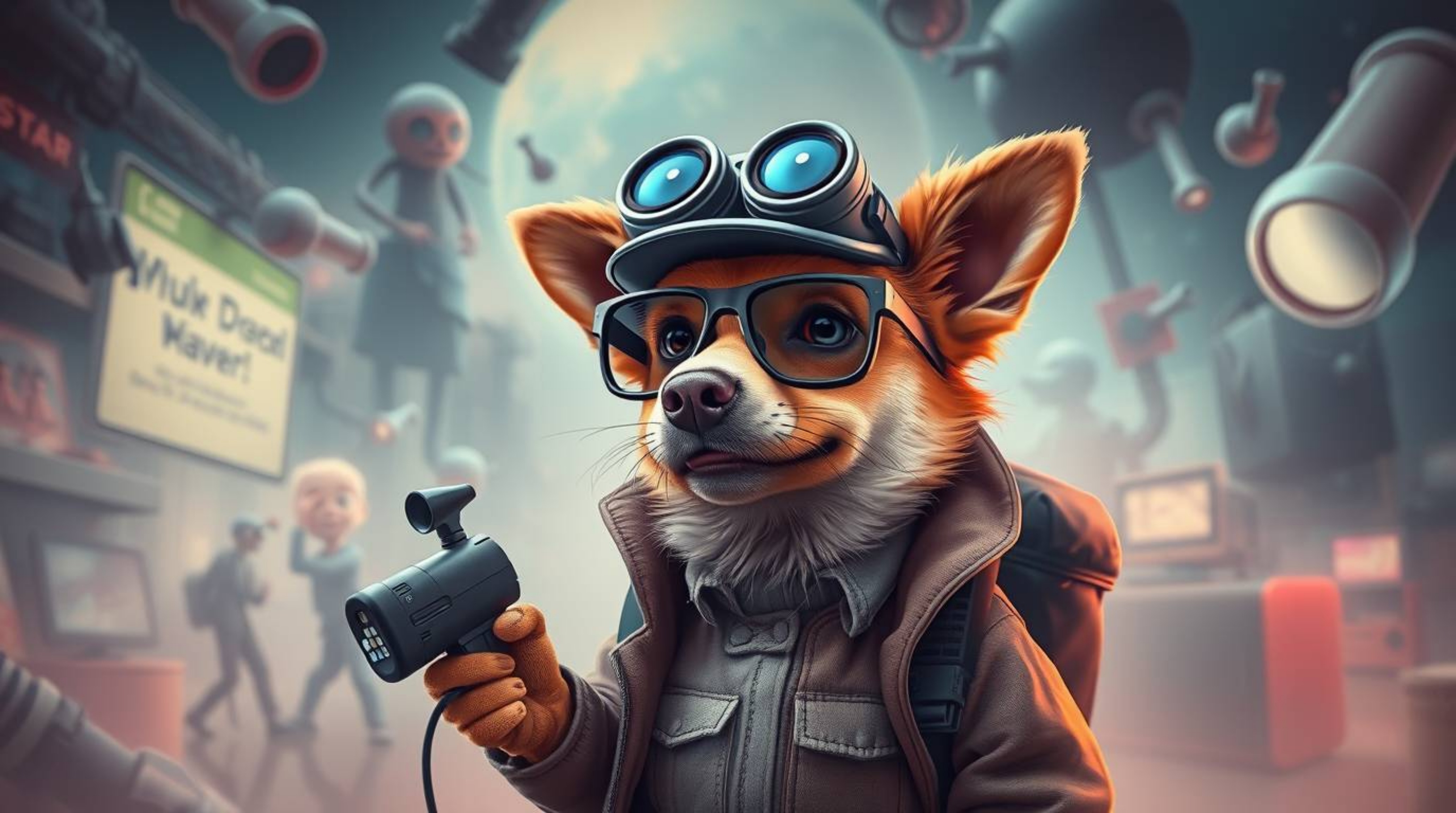 Explore a dreamlike and surreal world with an adorable dog detective equipped with high-tech gadgets. This image features biz