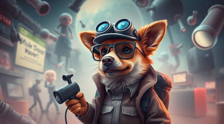 Explore a dreamlike and surreal world with an adorable dog detective equipped with high-tech gadgets. This image features biz