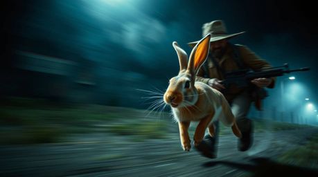 A captivating long-exposure photograph captures a scene of frantic energy, featuring a wacky rabbit comically outrunning a hu