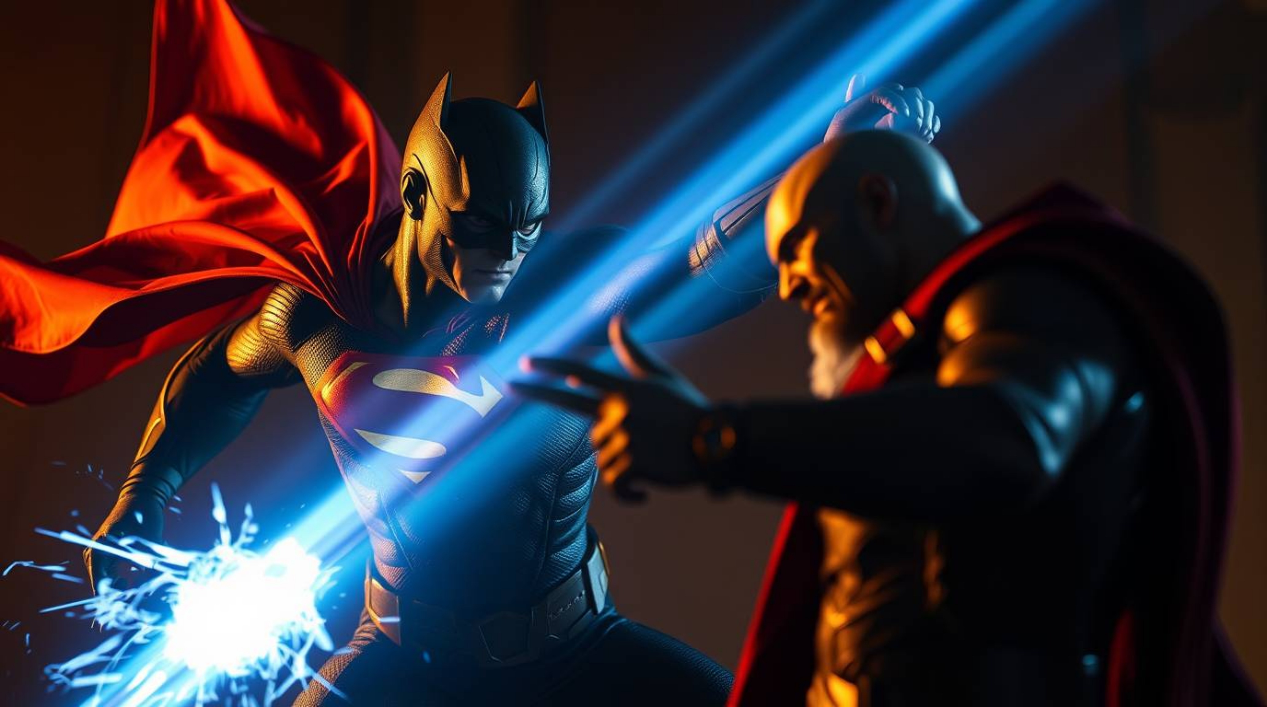 A professional photograph depicting a superhero in a cape engaged in a dramatic battle with a comical villain.  The image fea