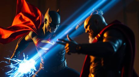 A professional photograph depicting a superhero in a cape engaged in a dramatic battle with a comical villain. The image fea
