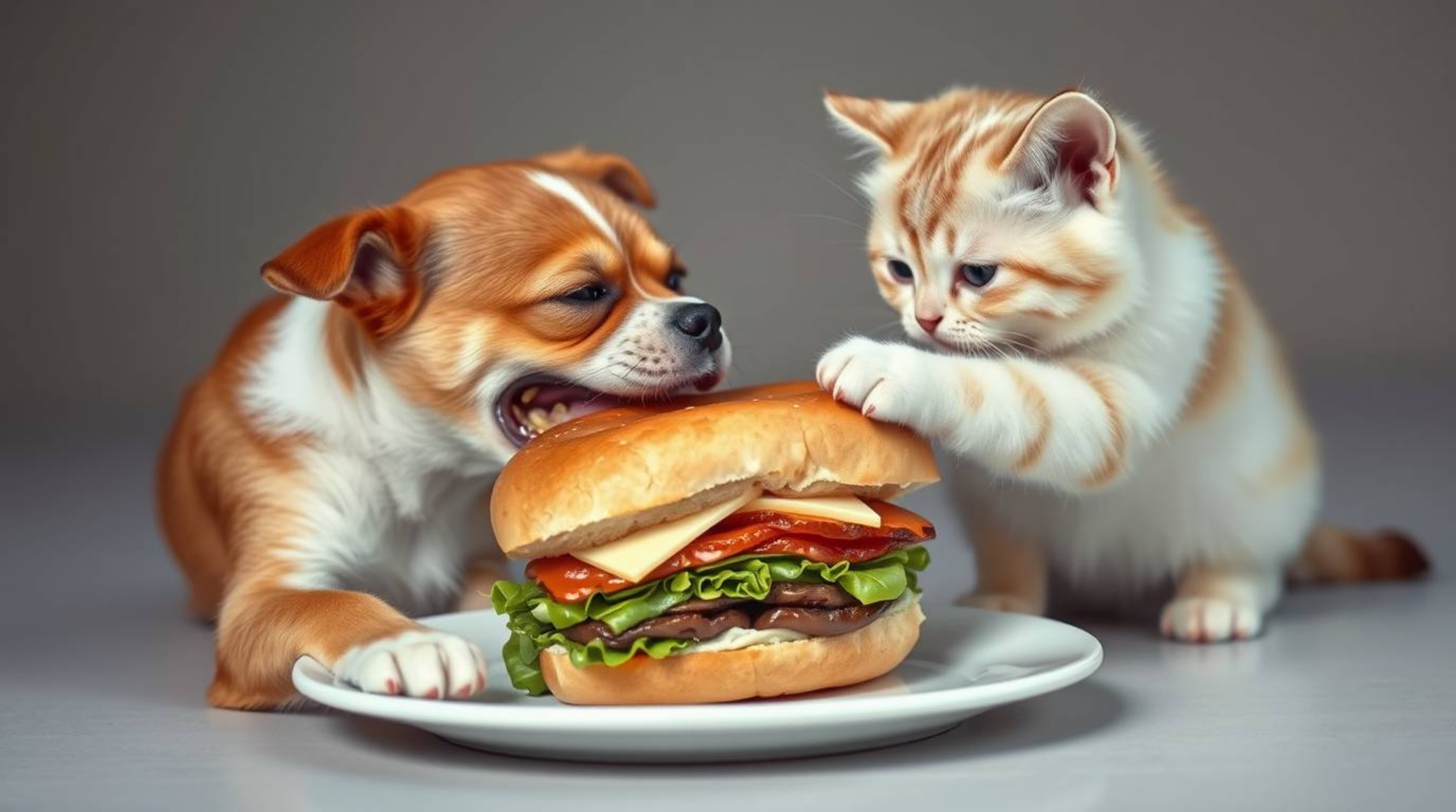 A delightful photograph capturing the endearing struggle between a dog and a cat vying for a massive sandwich. The image is b