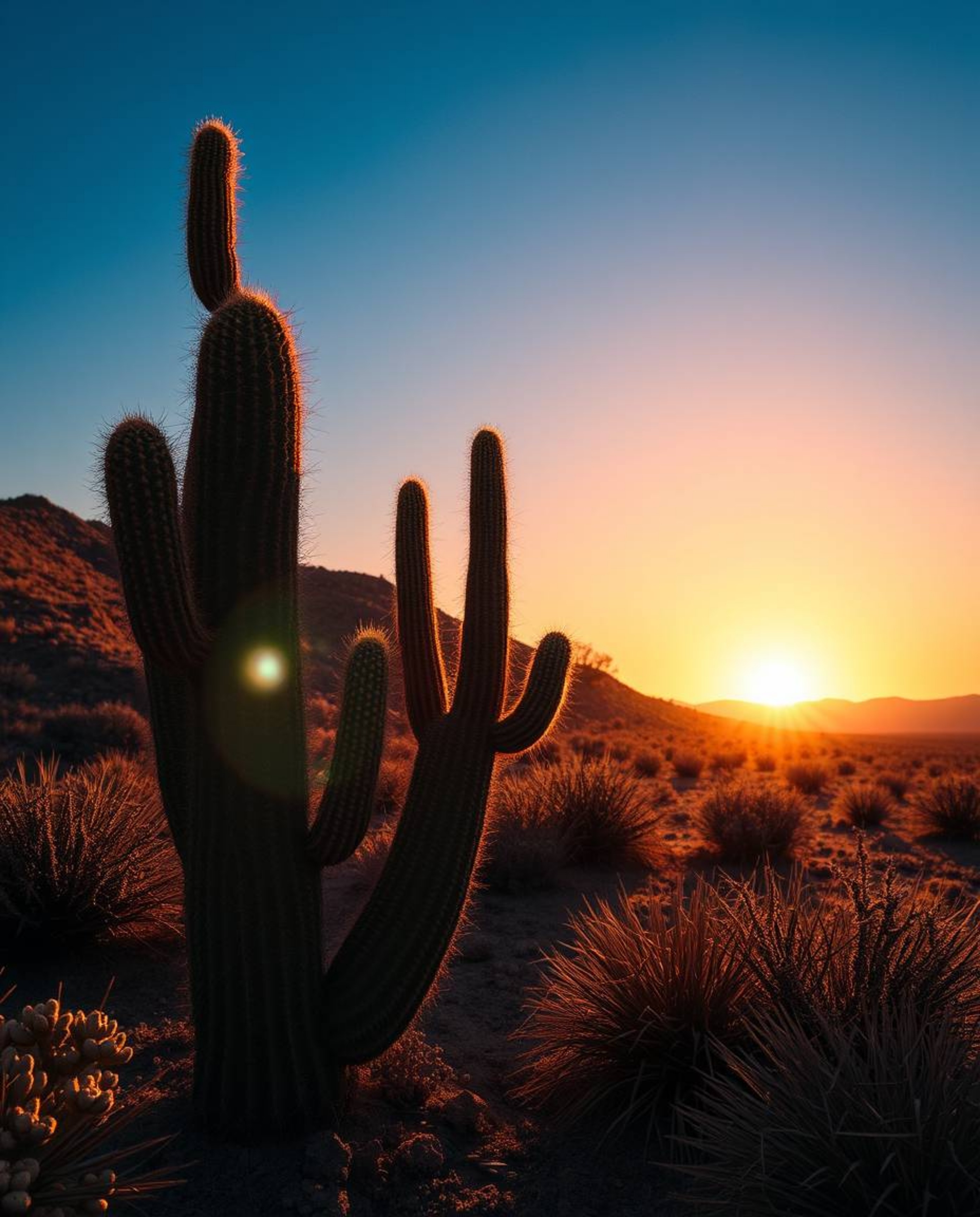 A surreal image captures a desert cactus glowing in the last rays of the sun, creating a dreamlike atmosphere filled with fan