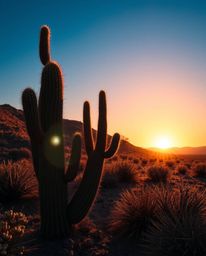 A surreal image captures a desert cactus glowing in the last rays of the sun, creating a dreamlike atmosphere filled with fan