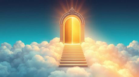 A captivating fantasy realism illustration depicts a charming heavenly gate gracefully floating above a sea of clouds.  Stair
