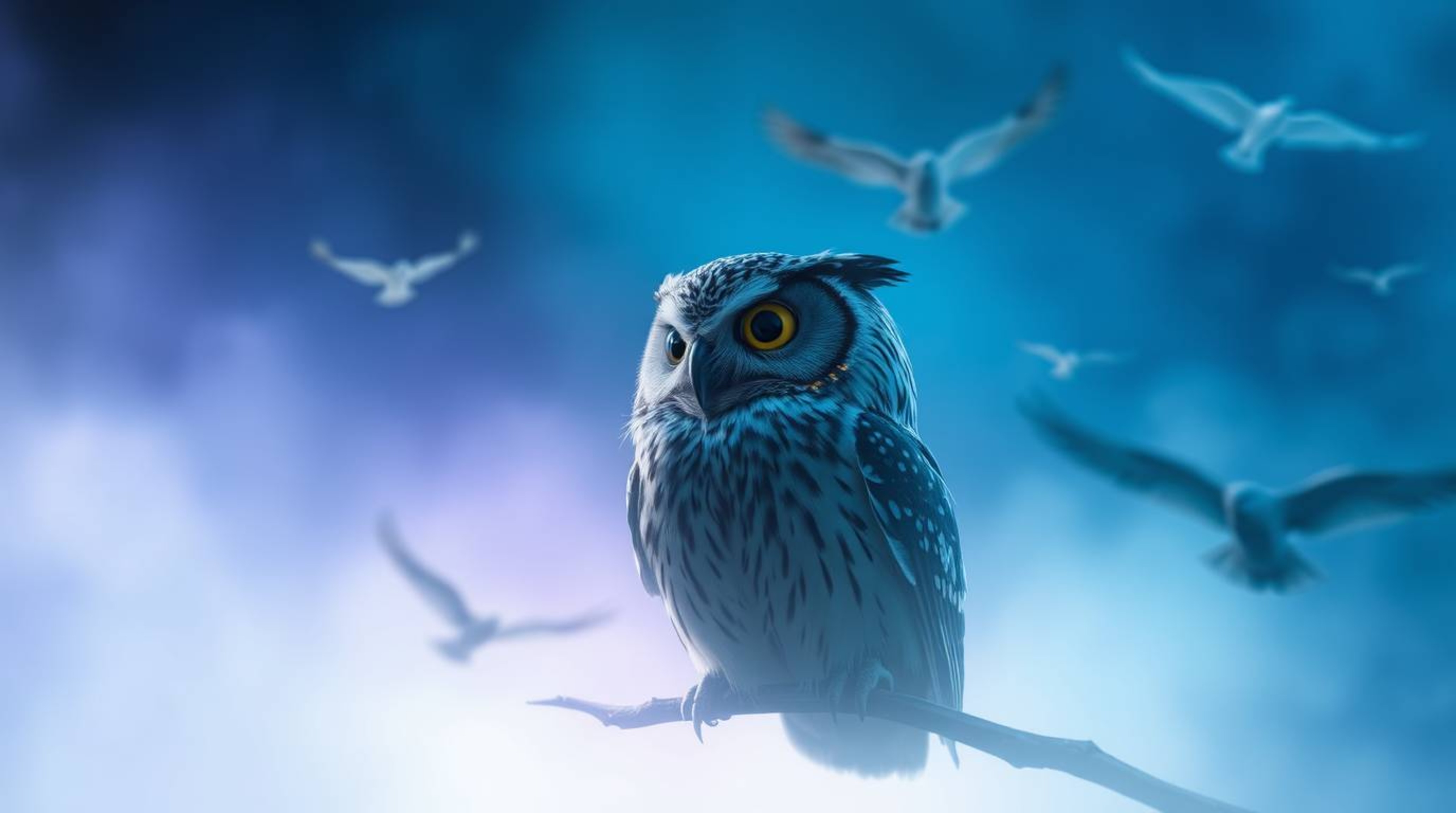 A long exposure image, enveloped in a cinematic haze and a palette of cool colors, showcases a wise, blind Pixar-style owl wa