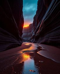 This artwork depicts a wet, rainy scene where a sunset illuminates sandstone cliffs in a canyon. The piece is characterized b
