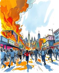 A chaotic scene unfolds in this hand-drawn sketch depicting a city consumed by flames. Bright, vibrant colors clash with hars