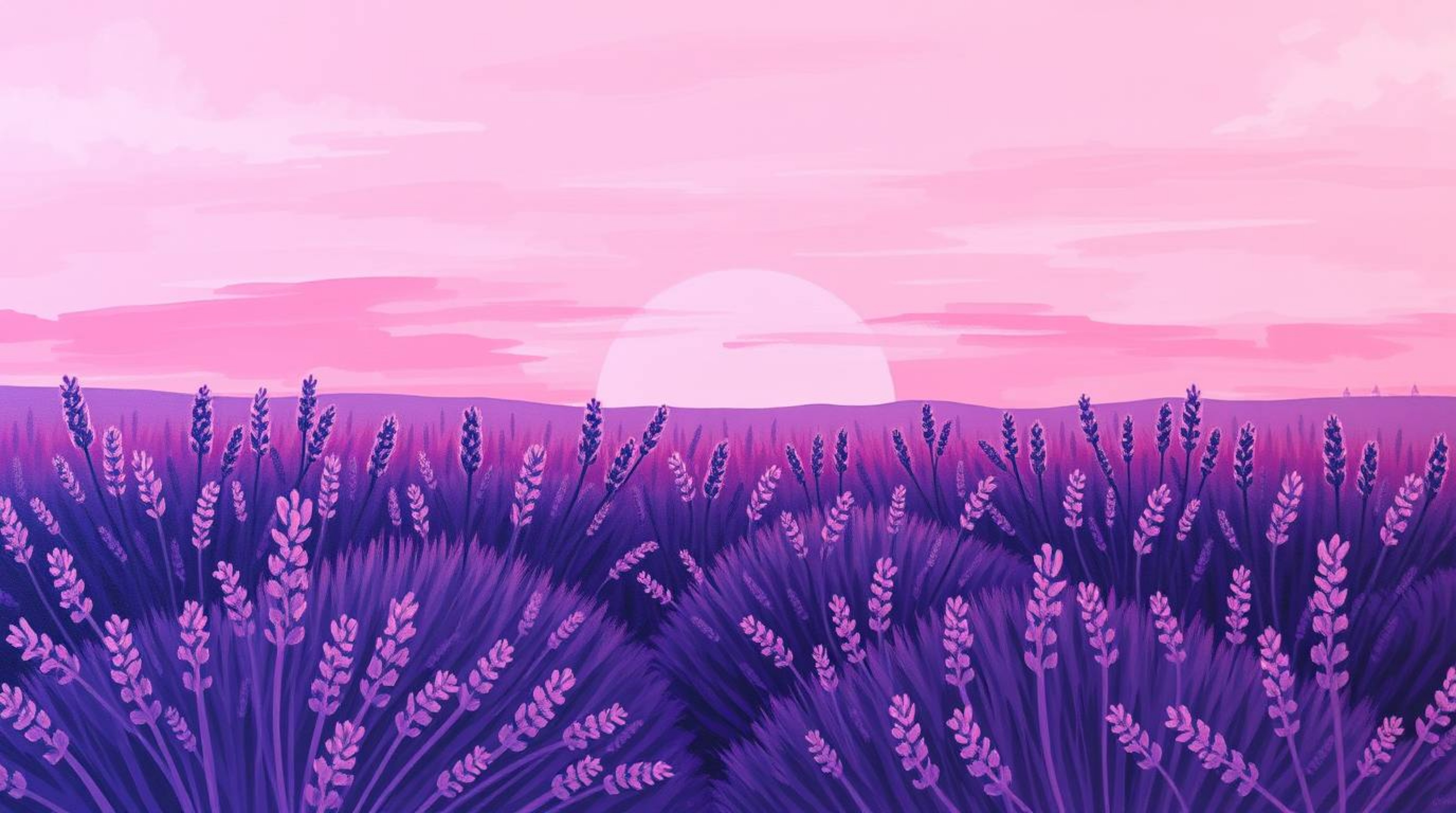 This artwork features a bold acrylic painting depicting lavender fields illuminated by a dreamy pink sky. The piece showcases