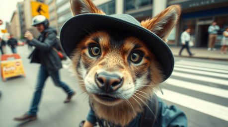 A dynamic street photograph captures a sarcastic animal sidekick with expressive eyes.  The split image showcases bold areas 