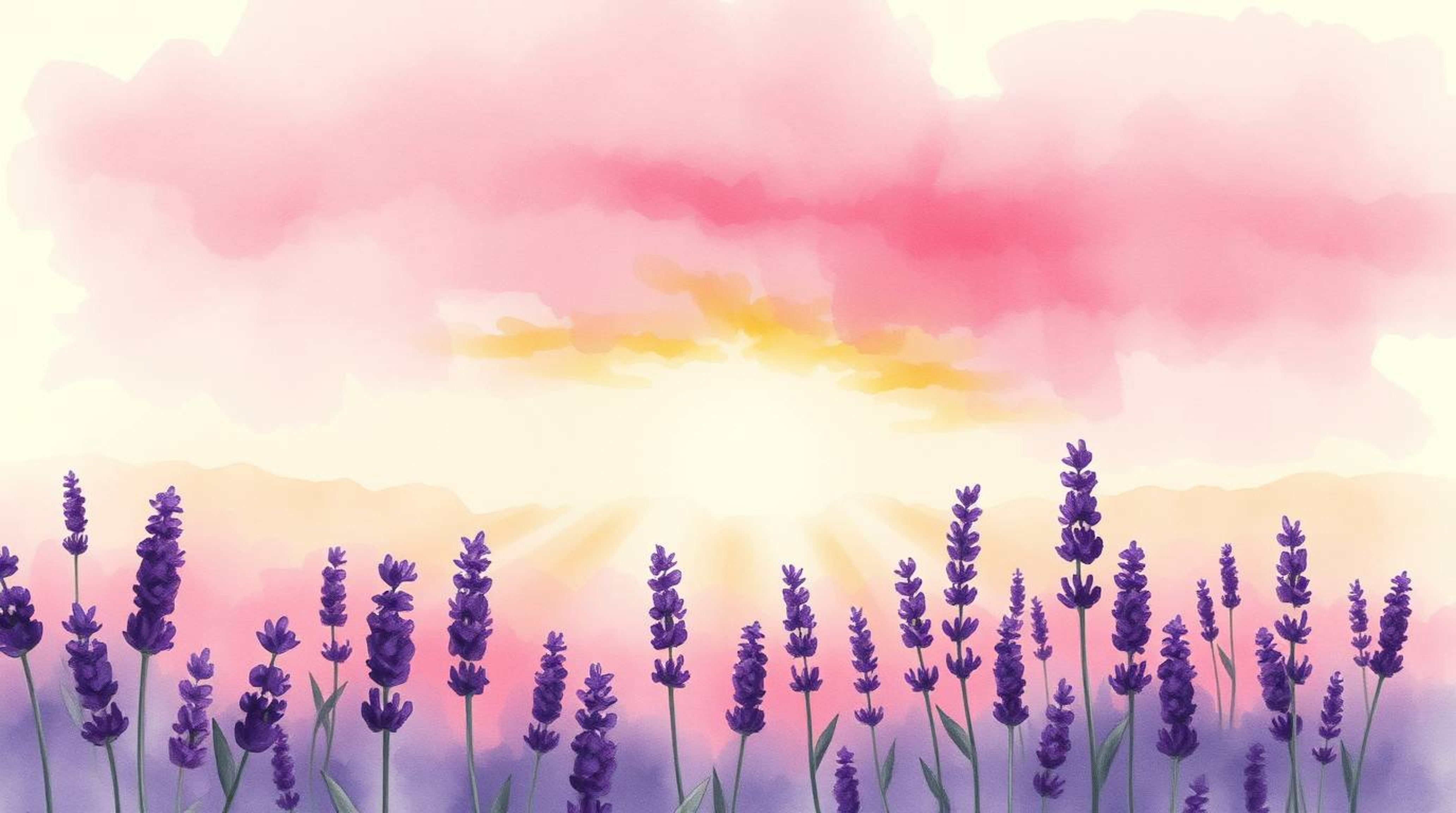 Immerse yourself in a delicate watercolor painting depicting lavender fields bathed in the glow of a dreamy pink sky. This ar