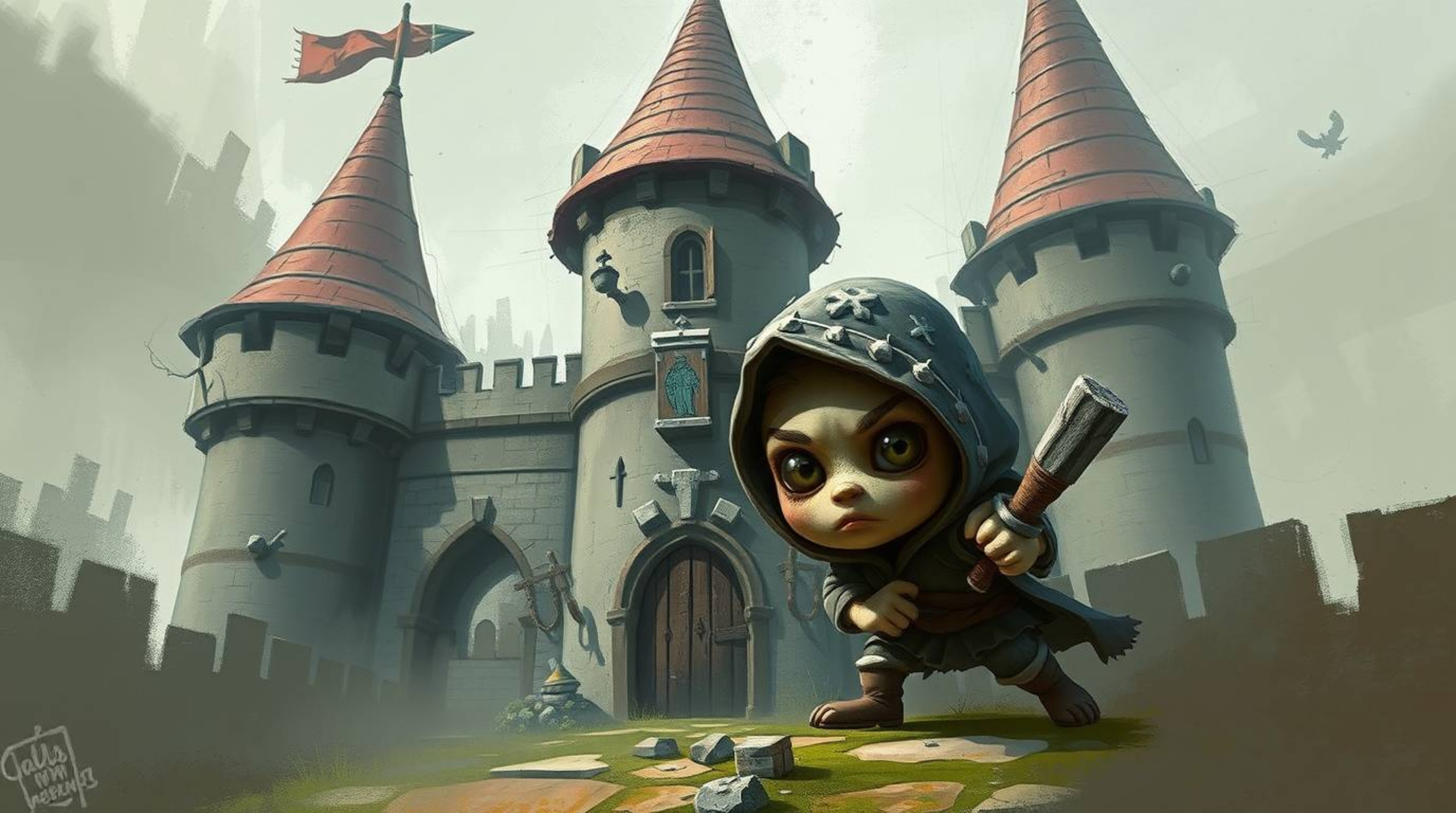 A charming and cunning thief with sculpted features sneaks into a heavily guarded castle ingeniously constructed from papier-