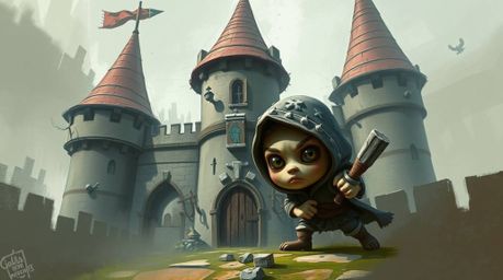 A charming and cunning thief with sculpted features sneaks into a heavily guarded castle ingeniously constructed from papier-