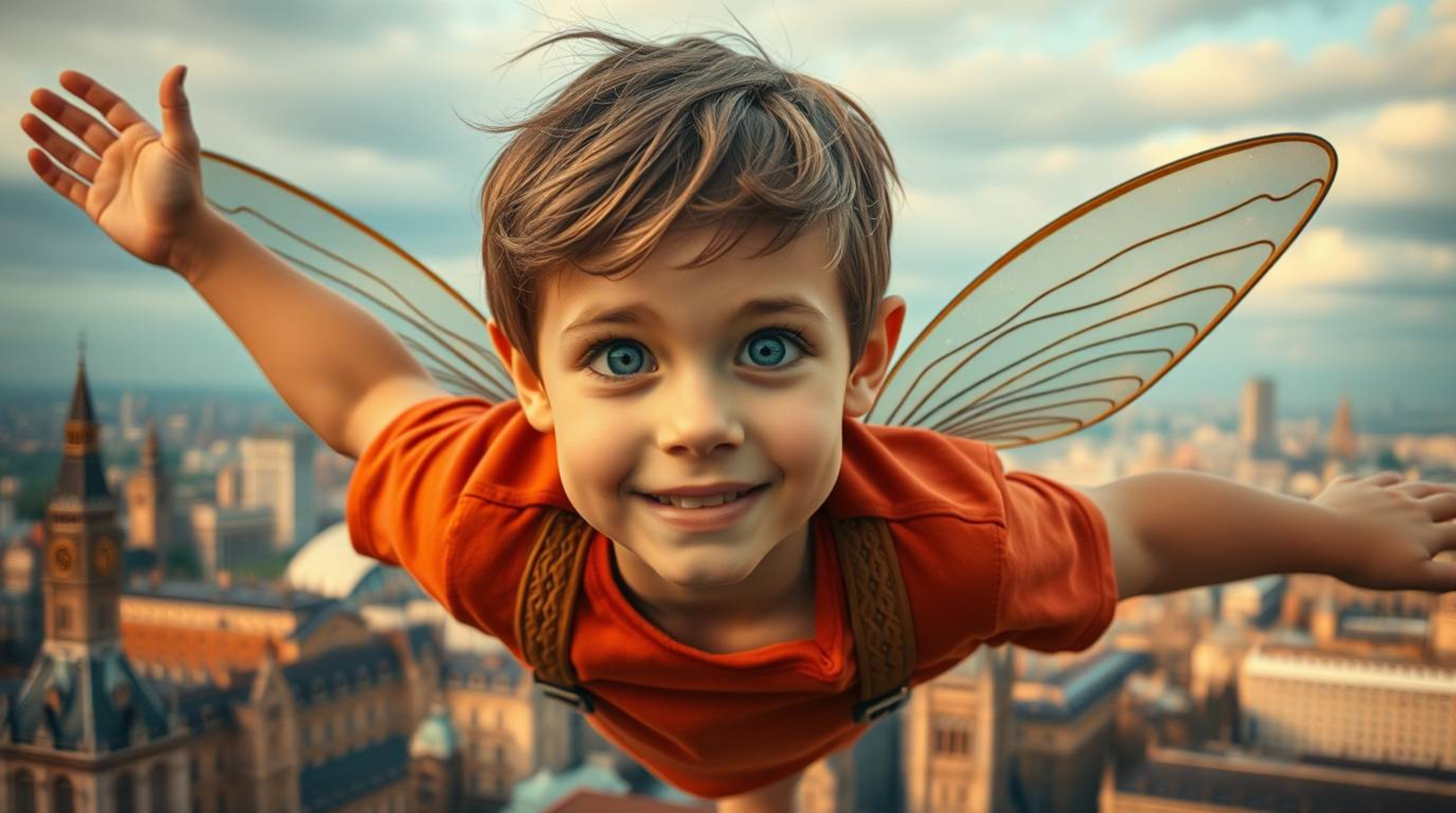 A captivating digital painting depicts a young boy with radiant eyes soaring above the London skyline, sprinkled with magical