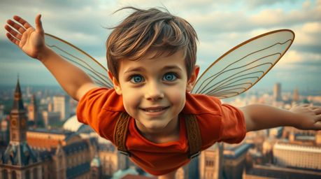A captivating digital painting depicts a young boy with radiant eyes soaring above the London skyline, sprinkled with magical