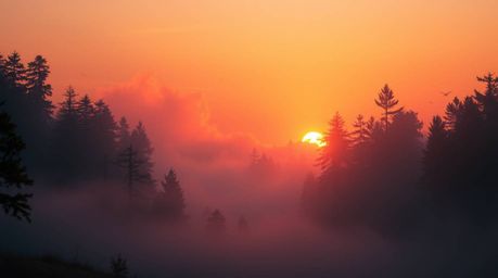 A stunning futuristic sci-fi landscape depicting a thick fog enveloping a forest at golden hour.  Vivid electric colors, low 