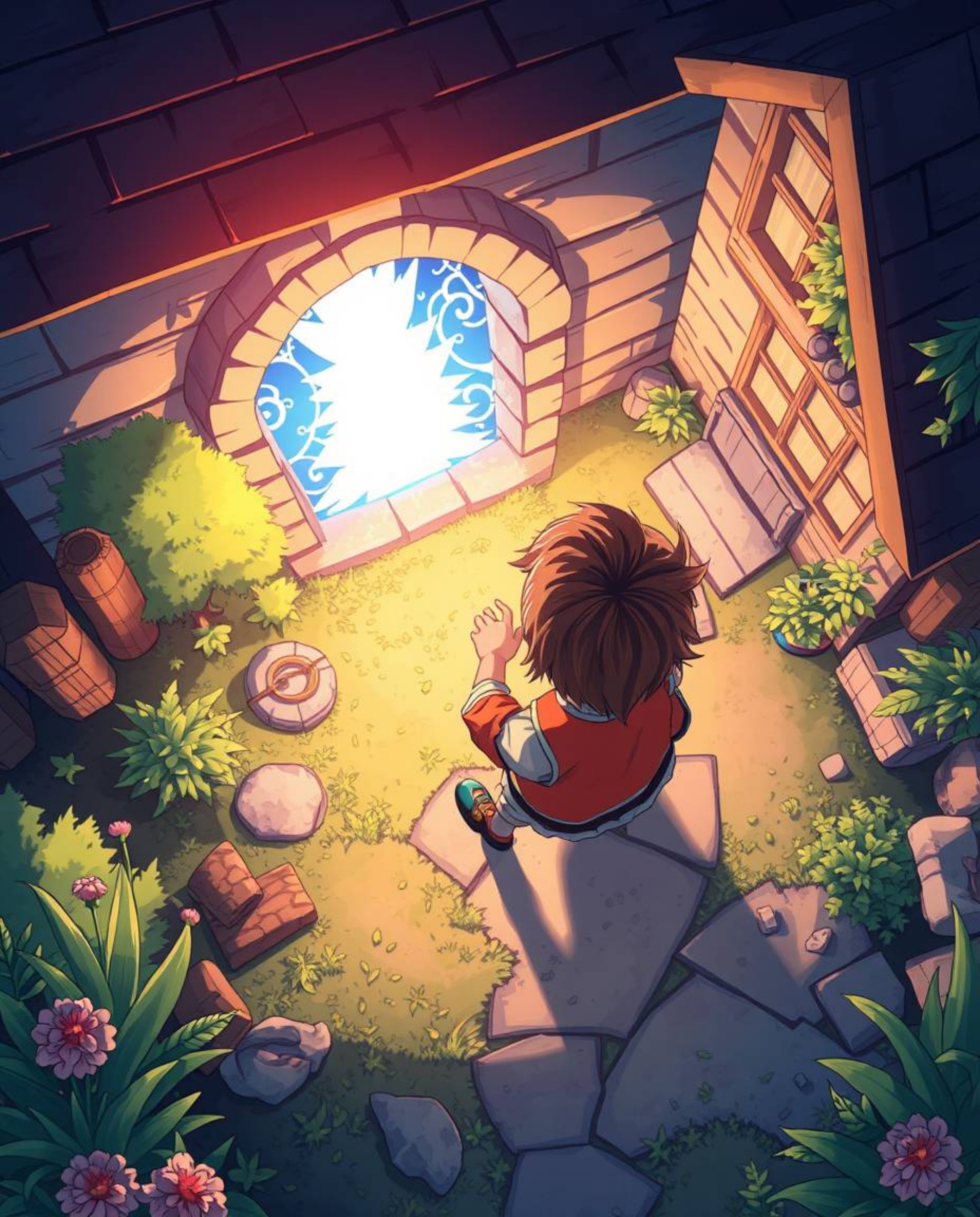 An Isekai anime-style illustration presents a captivating bird's-eye view of a child's enchanting discovery: a magical portal