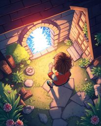 An Isekai anime-style illustration presents a captivating bird's-eye view of a child's enchanting discovery: a magical portal