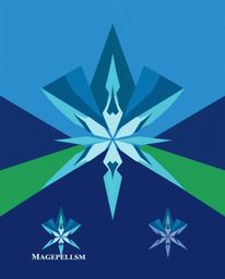 A captivating geometric logo design for a magical school, featuring a blend of blues, greens, and purples.  Clean lines, bala