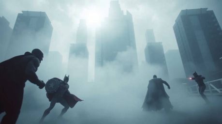 A dramatic scene unfolds: a superhero, cape billowing, confronts a comical villain amidst a dense fog.  Modern, futuristic bu