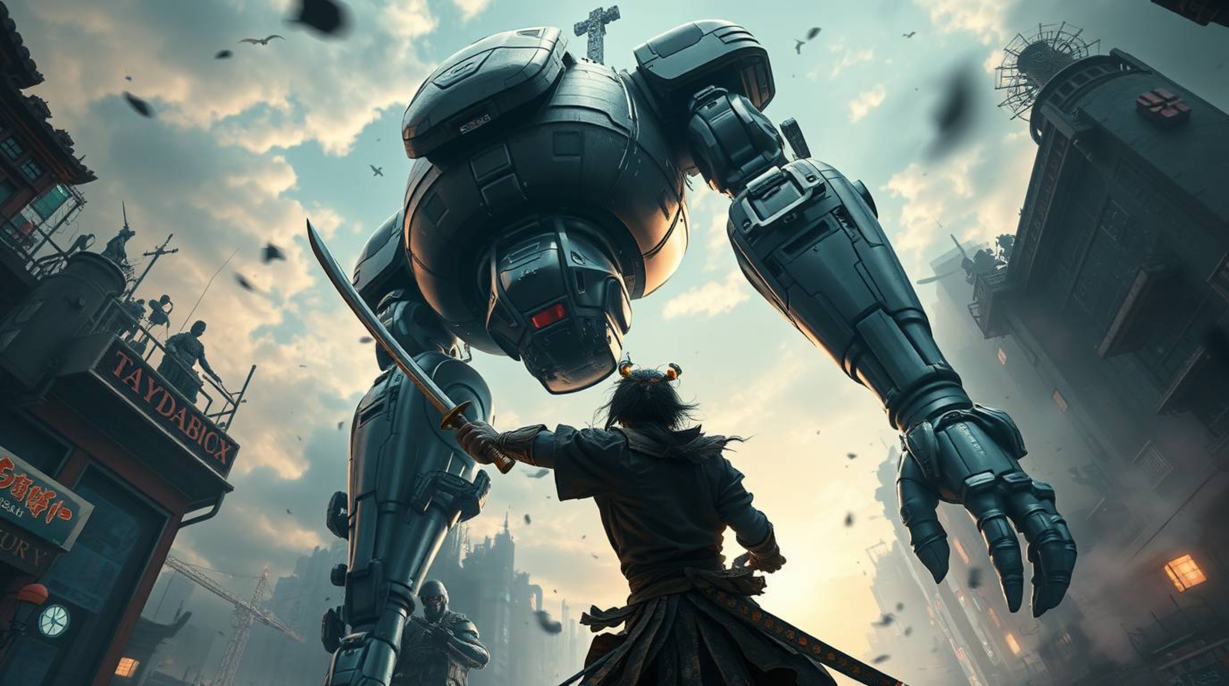 Witness a surreal and dreamlike battle unfold in a dystopian city. A weathered samurai, katana in hand, faces off against a t