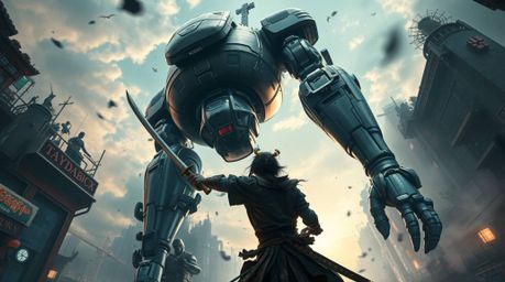 Witness a surreal and dreamlike battle unfold in a dystopian city. A weathered samurai, katana in hand, faces off against a t