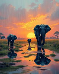 This is a vibrant, wet scene depicting elephants walking across a field at sunset under a drizzling rain. The artwork is dist